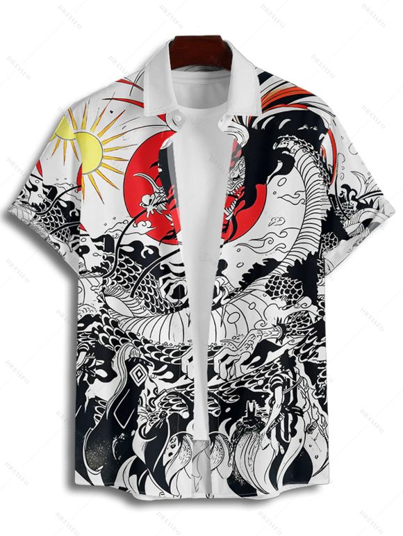 Vacation Couple Outfit Ukiyo-e Style Dragon Sun Printed Ruched Bust Sweetheart Neck A Line Mini Dress and Button Up Shirt Casual Matching Outfit - Blanc S | US 4