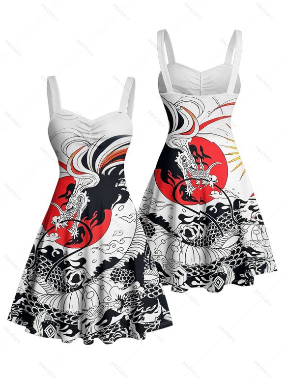 Robe de vacances style Ukiyo-e, imprimé dragon et soleil, buste froncé, décolleté en cœur, coupe trapèze, mini-robe décontractée - Blanc XXL | US 14