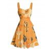 Robe de vacances style rétro western avec imprimé chapeau de cowboy et blocs de couleurs, buste froncé, col en cœur, mini-robe trapèze - orange clair XXXXXL | US 20