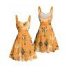 Robe de vacances style rétro western avec imprimé chapeau de cowboy et blocs de couleurs, buste froncé, col en cœur, mini-robe trapèze - orange clair XXXXXL | US 20