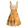 Robe de vacances style rétro western avec imprimé chapeau de cowboy et blocs de couleurs, buste froncé, col en cœur, mini-robe trapèze - orange clair XXXXXL | US 20