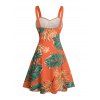 Robe de vacances à motif floral et feuilles tropicales, buste froncé, ceinture, col en cœur, mini robe de plage trapèze - Orange XXXXXL | US 20