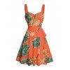 Robe de vacances à motif floral et feuilles tropicales, buste froncé, ceinture, col en cœur, mini robe de plage trapèze - Orange XXXXXL | US 20