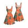 Robe de vacances à motif floral et feuilles tropicales, buste froncé, ceinture, col en cœur, mini robe de plage trapèze - Orange XXXXXL | US 20