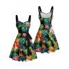 Vacation Couple Outfit Tropical Leaf Floral Pineapple Pattern Ruched Bust Belt Dress and Button Up Shirt Beach Matching Outfit - multicolor S | US 4