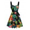 Vacation Couple Outfit Tropical Leaf Floral Pineapple Pattern Ruched Bust Belt Dress and Button Up Shirt Beach Matching Outfit - multicolor S | US 4