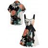 Vacation Couple Outfit Colorblock Tropical Plant Leaf Pattern Ruched Bust Belt Dress and Button Up Shirt Beach Matching Outfit - multicolor S | US 4
