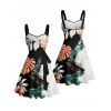Vacation Couple Outfit Colorblock Tropical Plant Leaf Pattern Ruched Bust Belt Dress and Button Up Shirt Beach Matching Outfit - multicolor S | US 4