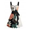 Vacation Couple Outfit Colorblock Tropical Plant Leaf Pattern Ruched Bust Belt Dress and Button Up Shirt Beach Matching Outfit - multicolor S | US 4