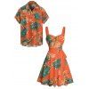 Vacation Couple Outfit Tropical Plant Leaf Floral Pattern Ruched Bust Belt Dress and Button Up Shirt Beach Matching Outfit - Orange S | US 4