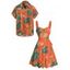 Vacation Couple Outfit Tropical Plant Leaf Floral Pattern Ruched Bust Belt Dress and Button Up Shirt Beach Matching Outfit - Orange S | US 4