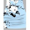 Débardeur de vacances à motif de fleurs et de feuilles, bloc de couleurs, dentelle papillon, froncé, bretelles à anneau en O, haut long décontracté - Bleu clair XXL | US 14