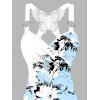 Débardeur de vacances à motif de fleurs et de feuilles, bloc de couleurs, dentelle papillon, froncé, bretelles à anneau en O, haut long décontracté - Bleu clair XXL | US 14