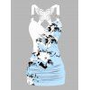 Débardeur de vacances à motif de fleurs et de feuilles, bloc de couleurs, dentelle papillon, froncé, bretelles à anneau en O, haut long décontracté - Bleu clair XXL | US 14