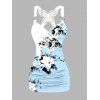 Vacation Women Outfit Flower Leaf Pattern Colorblock Butterfly Lace Ruched Surplice O Ring Strap Tank Top and Wide Leg Pants Casual Set - Bleu clair S | US 4