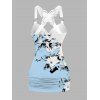 Vacation Women Outfit Flower Leaf Pattern Colorblock Butterfly Lace Ruched Surplice O Ring Strap Tank Top and Wide Leg Pants Casual Set - Bleu clair S | US 4