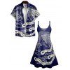 Vacation Couple Outfit Printed Spaghetti Strap V Neck A Line Mini Tank Dress and Button Up Shirt Casual Matching Outfit - Bleu profond S | US 4