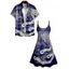 Vacation Couple Outfit Printed Spaghetti Strap V Neck A Line Mini Tank Dress and Button Up Shirt Casual Matching Outfit - Bleu profond S | US 4