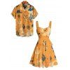 Vacation Couple Outfit Cactus Western Retro Style Cowboy Hat Print Colorblock Ruched Bust Dress and Button Up Shirt Matching Outfit - orange clair S | US 4