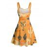 Vacation Couple Outfit Cactus Western Retro Style Cowboy Hat Print Colorblock Ruched Bust Dress and Button Up Shirt Matching Outfit - orange clair S | US 4