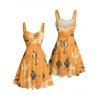 Vacation Couple Outfit Cactus Western Retro Style Cowboy Hat Print Colorblock Ruched Bust Dress and Button Up Shirt Matching Outfit - orange clair S | US 4