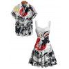 Vacation Couple Outfit Ukiyo-e Style Dragon Sun Printed Ruched Bust Sweetheart Neck A Line Mini Dress and Button Up Shirt Casual Matching Outfit - Blanc S | US 4
