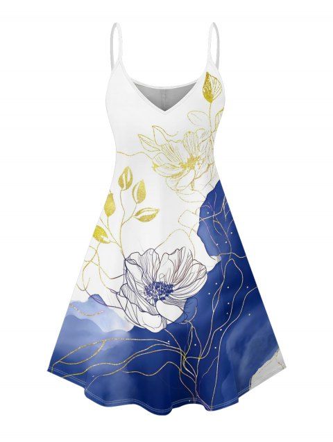 Robe de vacances à imprimé floral asymétrique et à motif de feuilles colorblock, bretelles spaghetti, col en V, coupe trapèze, mini, décontractée