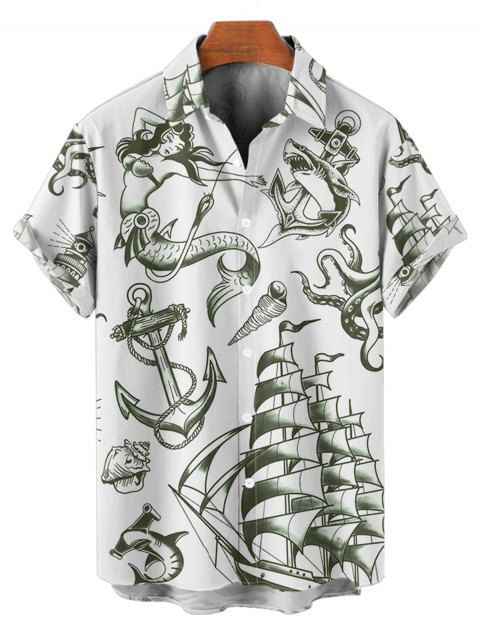 Chemise de vacances pour homme, motif sirène, dauphin, navire, éléments océaniques, boutonnée, retroussée, manches courtes, décontractée
