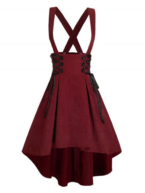 Jupe haute basse à bretelles et lacets à boutons factices