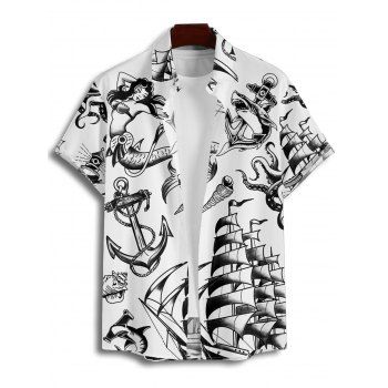 Men's Allover Mermaid Dolphin Ship Ocean Elements Pattern Vacation Shirt Button Up Roll Up Short Sleeve Casual Shirt