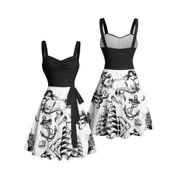 Mermaid Dolphin Ship Ocean Elements Pattern Ruched Bust Belt Vacation Dress Sweetheart Neck A Line Mini Casual Dress