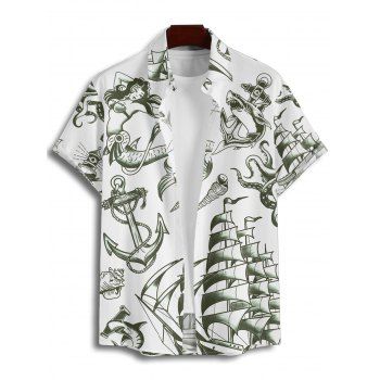 Vacation Couple Outfit Mermaid Dolphin Ship Ocean Elements Pattern Ruched Bust Belt Dress and Button Up Shirt Matching Outfit