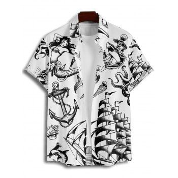 Vacation Couple Outfit Mermaid Dolphin Ship Ocean Elements Pattern Ruched Bust Belt Dress and Button Up Shirt Matching Outfit