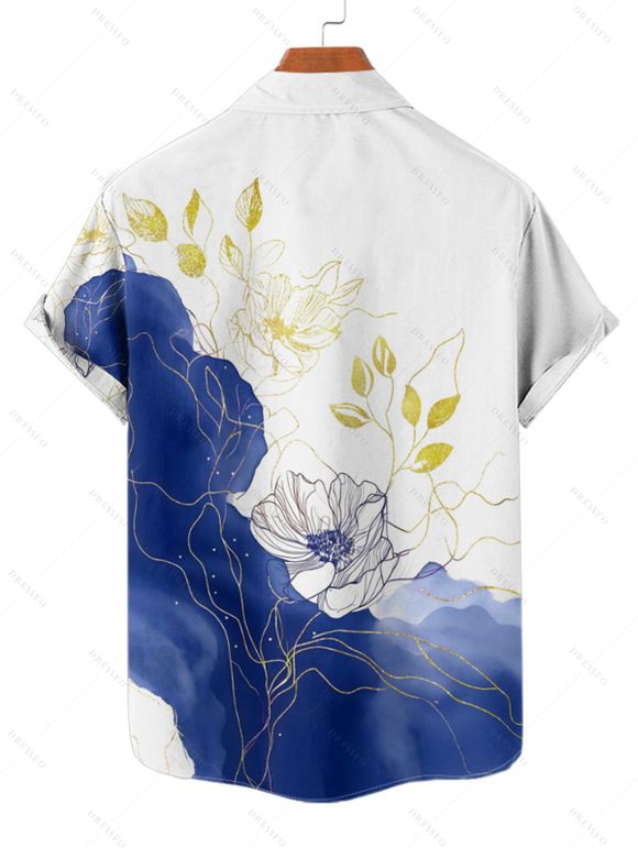 Chemise de vacances à imprimé floral asymétrique et bloc de couleurs pour homme, boutonnée, retroussée, manches courtes, décontractée - Blanc 4XL