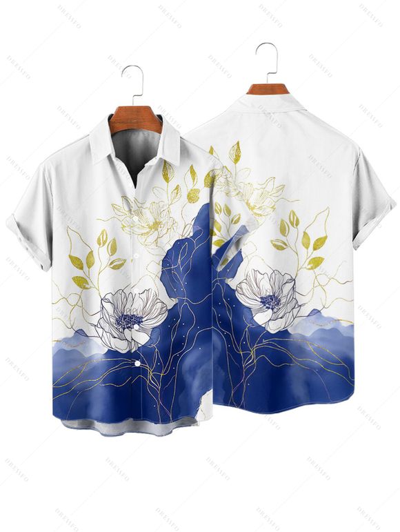 Chemise de vacances à imprimé floral asymétrique et bloc de couleurs pour homme, boutonnée, retroussée, manches courtes, décontractée - Blanc 4XL