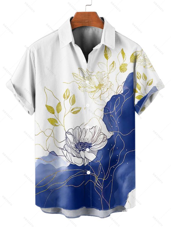 Chemise de vacances à imprimé floral asymétrique et bloc de couleurs pour homme, boutonnée, retroussée, manches courtes, décontractée - Blanc L