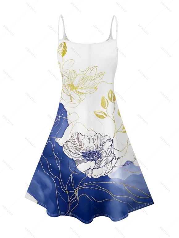 Robe de vacances à imprimé floral asymétrique et à motif de feuilles colorblock, bretelles spaghetti, col en V, coupe trapèze, mini, décontractée - Bleu XXXL | US 16