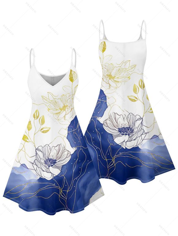 Robe de vacances à imprimé floral asymétrique et à motif de feuilles colorblock, bretelles spaghetti, col en V, coupe trapèze, mini, décontractée - Bleu XXXL | US 16