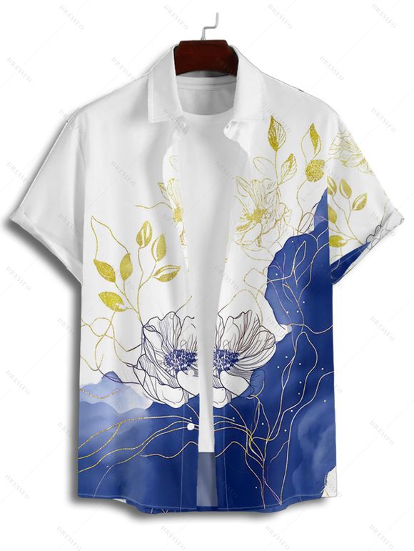 Vacation Couple Outfit Colorblock Leaf Sketch Floral Asymmetrical Print Spaghetti Strap Tank Dress and Button Up Shirt Casual Matching Outfit - Blanc S | US 4