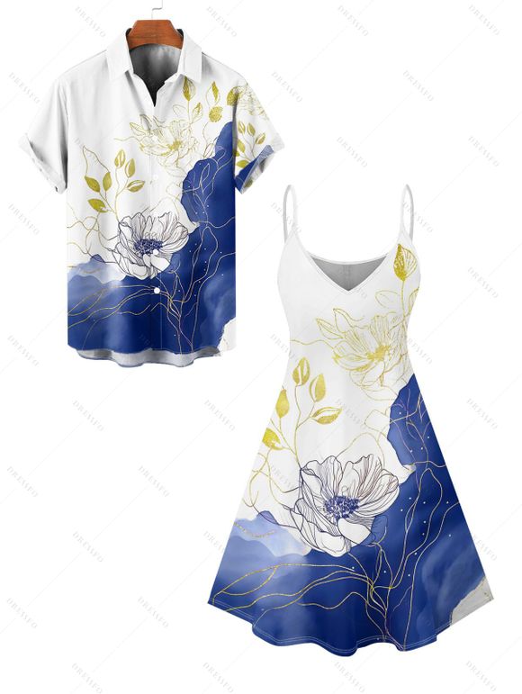 Vacation Couple Outfit Colorblock Leaf Sketch Floral Asymmetrical Print Spaghetti Strap Tank Dress and Button Up Shirt Casual Matching Outfit - Blanc S | US 4