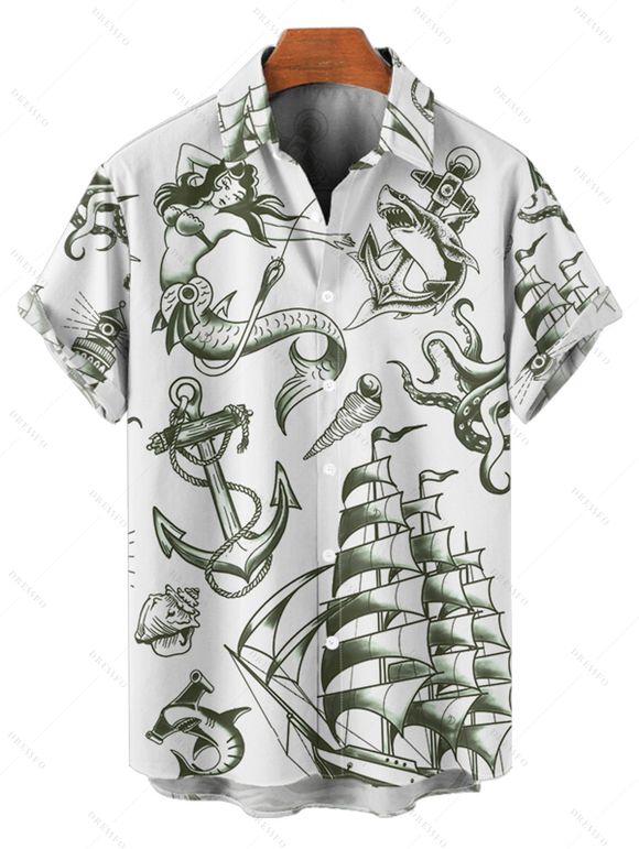 Chemise de vacances pour homme, motif sirène, dauphin, navire, éléments océaniques, boutonnée, retroussée, manches courtes, décontractée - Vert S