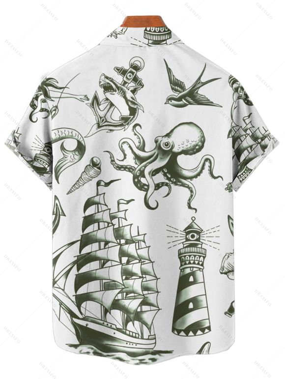 Chemise de vacances pour homme, motif sirène, dauphin, navire, éléments océaniques, boutonnée, retroussée, manches courtes, décontractée - Vert S