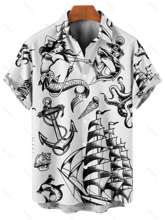 Chemise de vacances pour homme, motif sirène, dauphin, navire, éléments océaniques, boutonnée, retroussée, manches courtes, décontractée - Noir 5XL