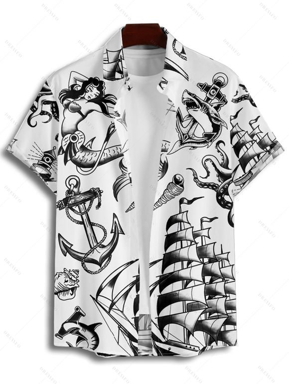 Chemise de vacances pour homme, motif sirène, dauphin, navire, éléments océaniques, boutonnée, retroussée, manches courtes, décontractée - Noir 2XL