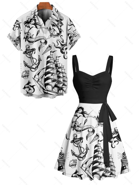 Vacation Couple Outfit Mermaid Dolphin Ship Ocean Elements Pattern Ruched Bust Belt Dress and Button Up Shirt Matching Outfit - Noir S | US 4