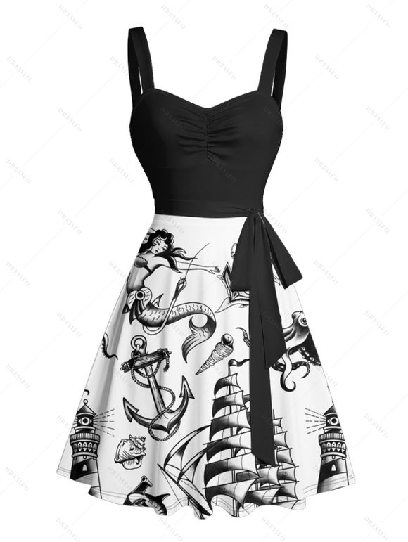 Vacation Couple Outfit Mermaid Dolphin Ship Ocean Elements Pattern Ruched Bust Belt Dress and Button Up Shirt Matching Outfit - Noir S | US 4