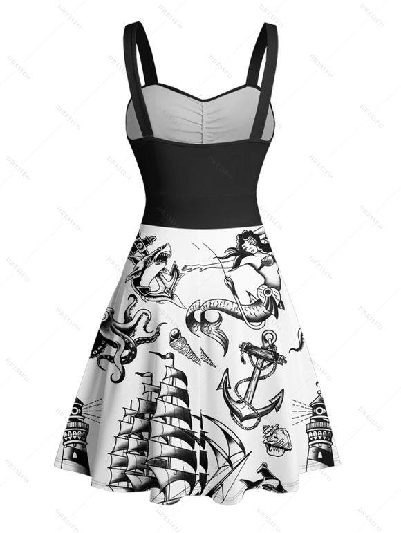 Vacation Couple Outfit Mermaid Dolphin Ship Ocean Elements Pattern Ruched Bust Belt Dress and Button Up Shirt Matching Outfit - Noir S | US 4