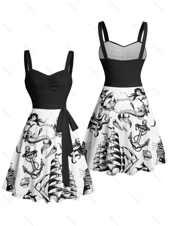 Vacation Couple Outfit Mermaid Dolphin Ship Ocean Elements Pattern Ruched Bust Belt Dress and Button Up Shirt Matching Outfit - Noir S | US 4