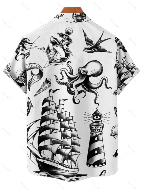 Vacation Couple Outfit Mermaid Dolphin Ship Ocean Elements Pattern Ruched Bust Belt Dress and Button Up Shirt Matching Outfit - Noir S | US 4