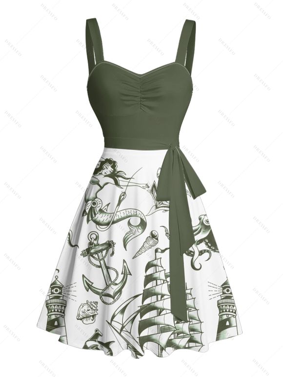 Robe de vacances à motif sirène, dauphin, navire, éléments océaniques, buste froncé, ceinture, col en cœur, ligne A, mini, décontractée - Vert S | US 4